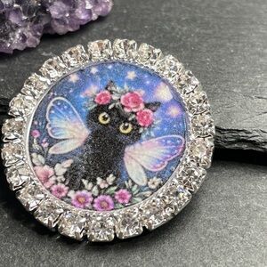 Feline Familiar Fairy Cat Magnet or Brooch- Purple Blue Accent -Artisan Designed